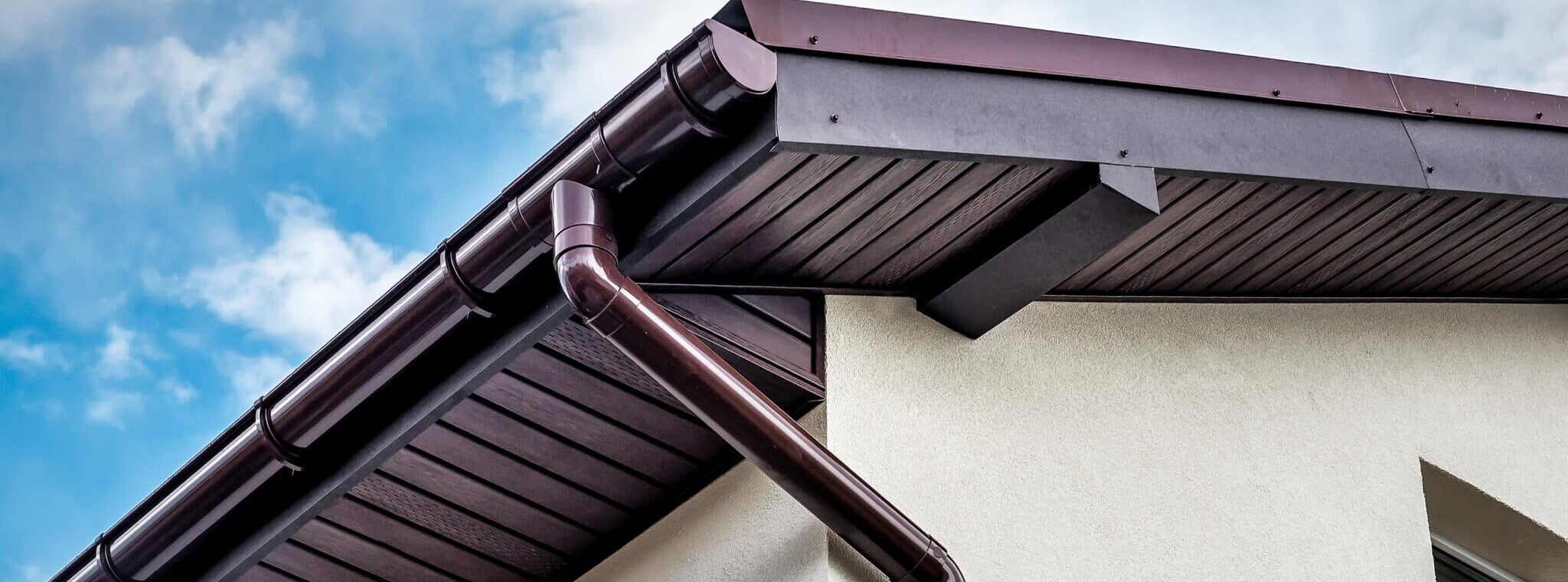 Lateral coated metal panel, rain gutter and rain water pipe at a roof